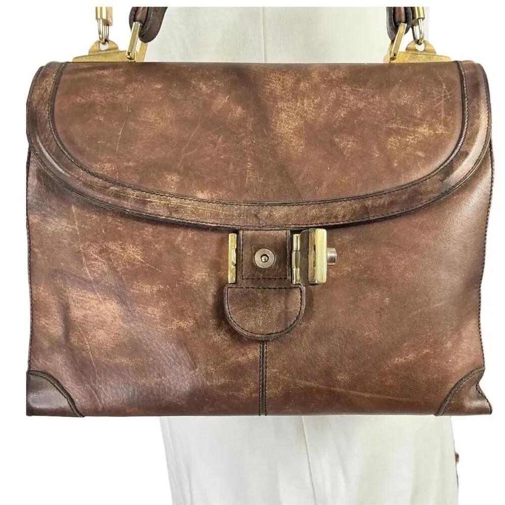 Gold Pfeil Leather Shoulder Bag Brown Medium Top Handle Shoulder Strap Vintage